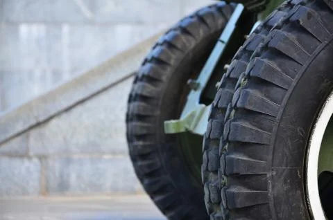 A close-up wheels of a portable weapon of the Soviet Union of World War II, p Stock Photos