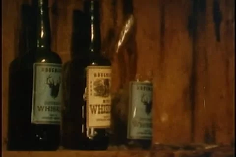 Close-up of whiskey bottles used as target practice Stock Footage 25207114