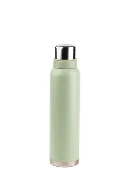 Close-up on white background there is a large thermos of soft olive color with a Stock Photos