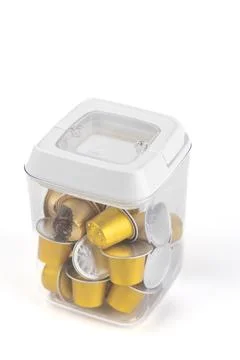 Close-up on white background there is a plastic transparent container with a 스톡 사진