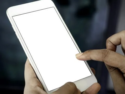 Close-up white blank screen on mobile phone. Stock Photos