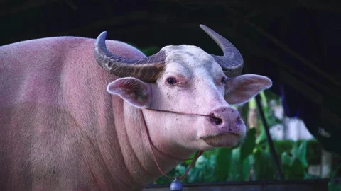 Close up of the white buffalo's head turning to look at the camera. Stock Footage 277524418
