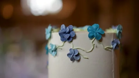 Close up of a white cake decorated with blue flowers Stock Footage 293809201