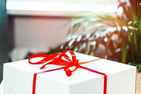Close up of white cake packaging with red ribbon. Stock Photos
