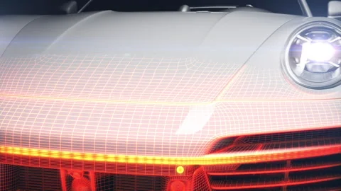 Close-up of the white car front with the effect of scanning in a dark room Stock Footage 232200221