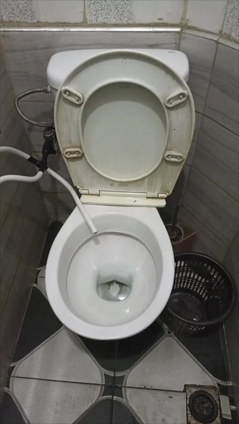 Close-up of a White Ceramic Toilet with Open Lid in Bathroom.AR Stock Footage 334041074