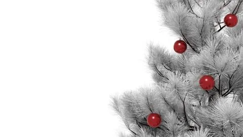 Close up of a white Christmas tree with red balls 3D rendering. Copy space Ch Stock Illustration