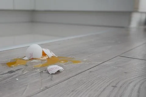 Close up the white egg fall and broken on wooden floor. crushed egg Stock Photos
