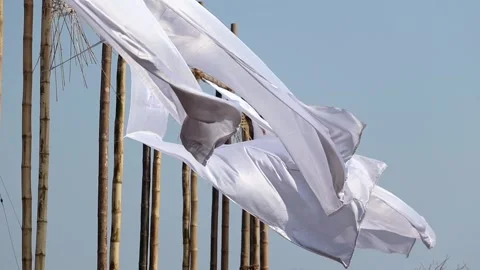 Close-up of white fabric flags flowing on bamboo poles in wind Stock Footage 331276848