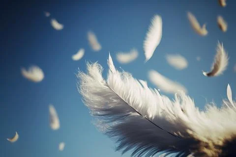 Close-up of white feathers flying in blue sky, ai generated Illustrazione stock