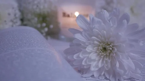 Close-up white flowers on an open book.burning candle. chrysanthemum. gypsophila Stock Footage 260417775