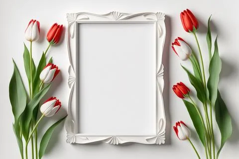 Close-up of a white frame with red tulips, ai generated Stock Illustration