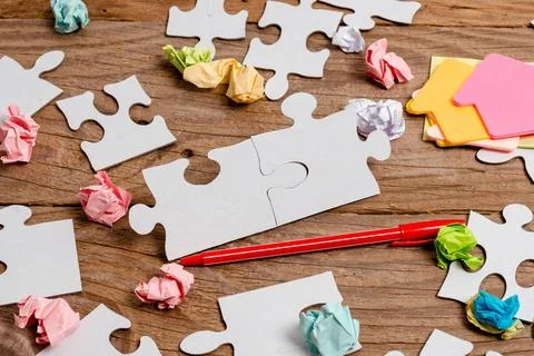 Close-Up White Jigsaw Pattern Puzzle Pieces To Be Connected With Missing L... Stock Photos