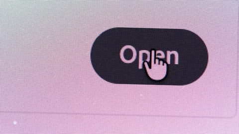Close-up of a white "Open" button with grey borders turning grey with white text Stock Footage 342777938