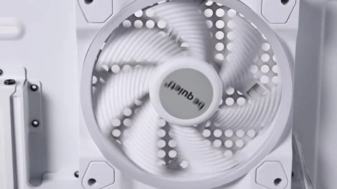 Close-up of a white PC cooling fan BE QUIET in motion inside a modern computer Stock Footage 294796844