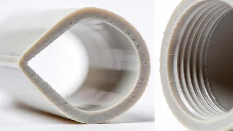Close-up of white PVC pipe with internal threading. Detail of plastic plumbing c Фото