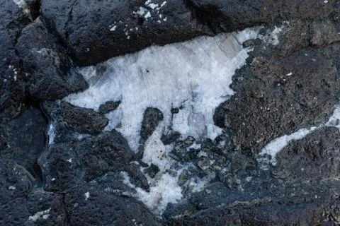 A close-up of a white quartz vein embedded in a dark porous volcanic rock s.. Stock Photos