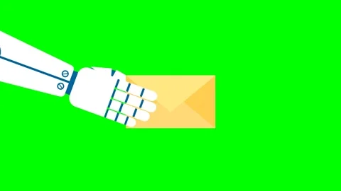 Close-up of a white robot hand, yellow letter. Robot delivers mail to the client Stock Footage 256203087