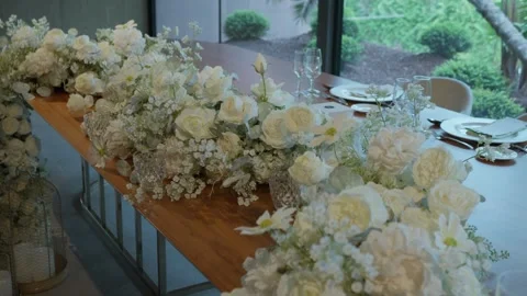 Close Up of White Roses in Wedding Table Garland Stock Footage 346470233