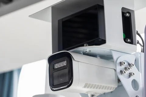 Close-up of a white security camera mounted indoors Stock Photos