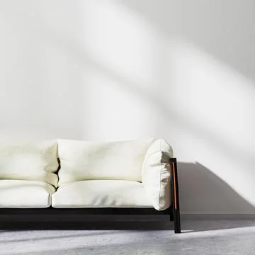 Close up of white sofa with white wall and concrete floor, modern interior ba Stock Illustration