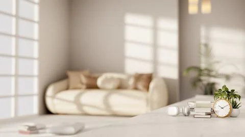 A close-up of a white table with decor, set in a minimalist white living room Illustrazione stock