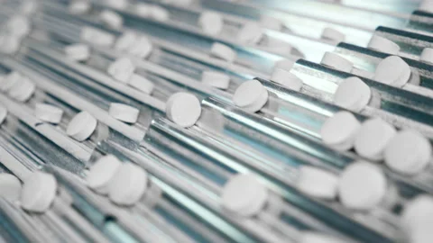 Close up of white tablets on the automated conveyor. Pharmaceutical factory Stock Footage 154727445