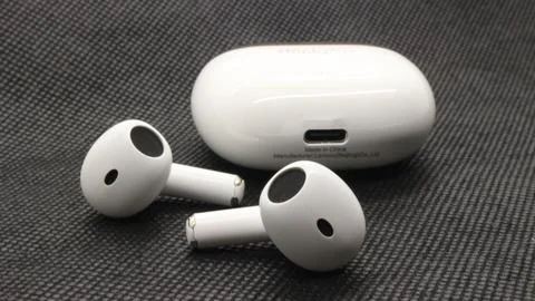 Close up of white TWS (true wireless stereo) isolated Stock Photos