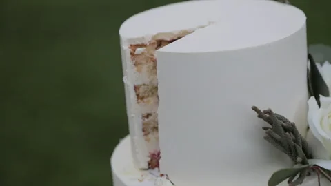 A close-up of the white wedding cake after the bride and groom have cut their Stock Footage 324815219