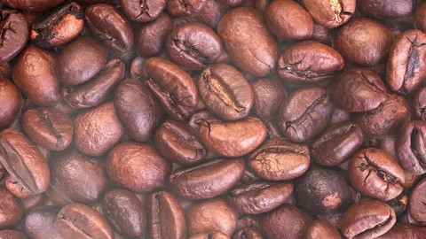 Close-up of whole roasted coffee beans with smoke rising and dissipating. Stock Footage 304654833