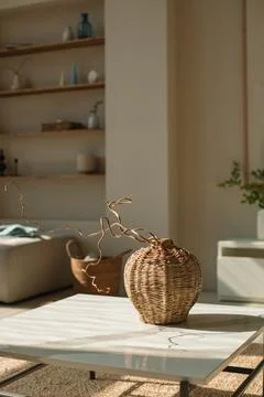Close-up of a Wicker vase on a coffee table in a living room Stock Photos