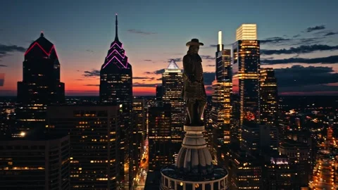 Close Up Willam Penn Statue at Night with City Lights and Buildings Philadelphia Stock Footage 282290619