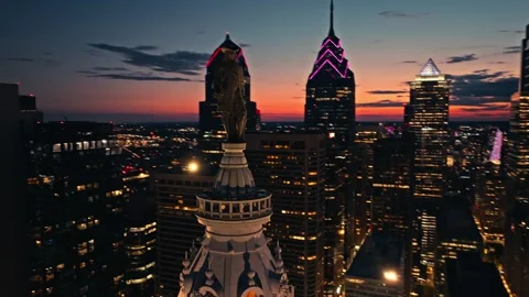 Close Up Willam Penn Statue at Night with City Lights and Buildings Philadelphia Stock Footage 282290620