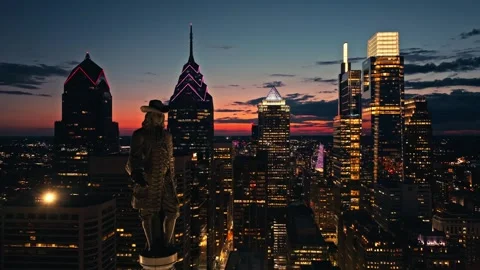 Close Up Willam Penn Statue at Night with City Lights and Buildings Philadelphia Stock Footage 282291663