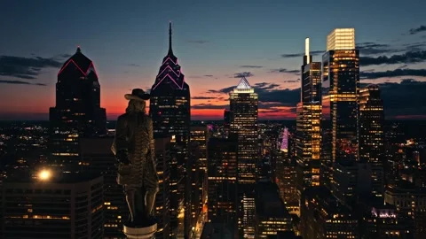 Close Up Willam Penn Statue at Night with City Lights and Buildings Philadelphia Stock Footage 282291664