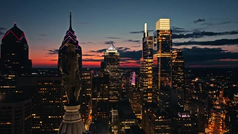Close Up Willam Penn Statue at Night with City Lights and Buildings Philadelphia Stock Footage 282291688