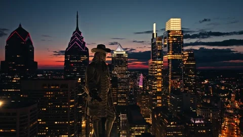Close Up Willam Penn Statue at Night with City Lights and Buildings Philadelphia Stock Footage 282291698