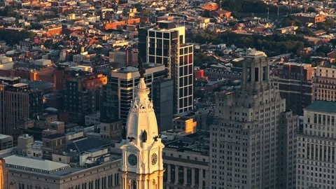 Close Up Willam Penn Statue at Sunset City Lights and Buildings Philadelphia Stock Footage 281672729