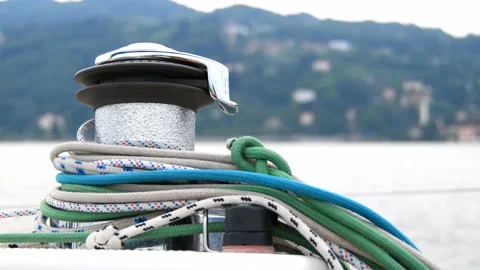 Close-up of a winch of a sailboat with ropes Stock Footage 144114949