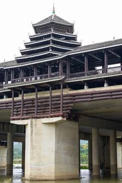 Close-up of Wind and Rain Bridge, a traditional wooden building in Guangxi Stock Photos