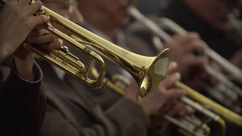 Close-up of wind instruments. Jazzman plays the trumpet. Brass tool. Stock Footage 90425754