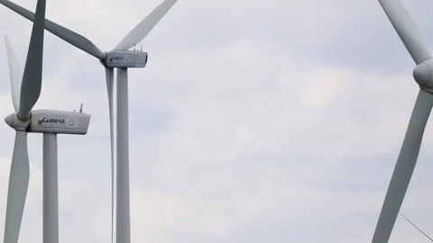 Close-Up of Wind Turbine Blades Rotating Against Cloudy Sky Stock Footage 333627203