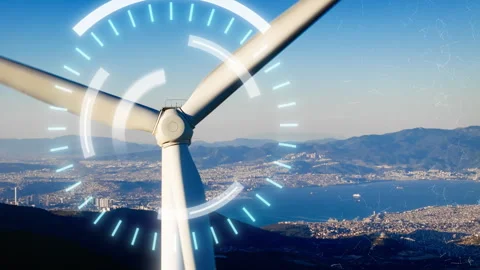 Close-up of wind turbine rotor with AI monitoring interface Stock Footage 340193654