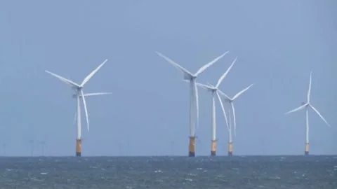 Close up of wind turbines at sea Stock Footage 292792591
