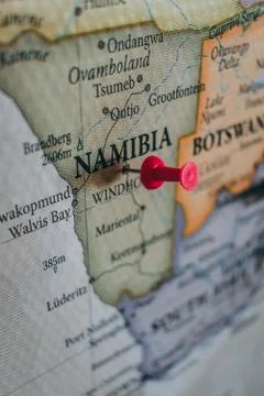Close up of Windhoek, Namibia pinpointed on the world map Stock Photos