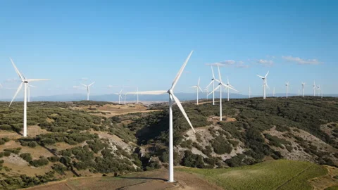 Close-up to a Windmill in Wind turbines Farm, Zoom in Stock Footage 162353785