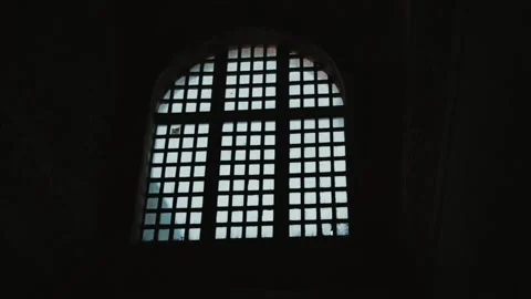 Close up window in the dark empty building vintage architecture extreme ruin Stock Footage 138706697