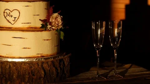 Close Up of Wine Glasses to Cake Rustic Wedding Decoration Stock Footage 105258677