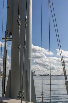 A close-up of a wire rope support system on a maritime navigational marker Foto stock