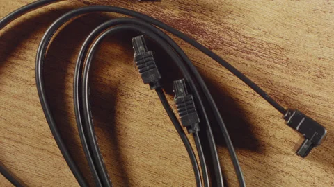 Close-up of wires for a computer hard drive. New SATA 3 wires. Vídeo Stock 143356196